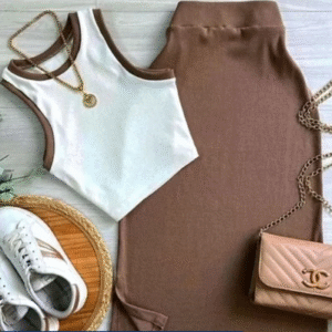 Conjunto Midi bicolor regata e saia Midi bicolor Ana ruga canelado