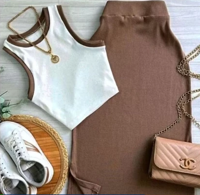 Conjunto Midi bicolor regata e saia Midi bicolor Ana ruga canelado