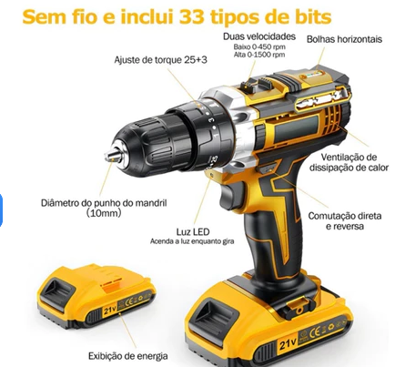 Furadeira e parafusadeira sem fio 48v com 2 baterias e estojo completo