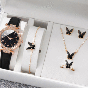Relógio De Quartzo Com Pulseira De Couro Feminino Elegante Mostrador De Diamante E Conjunto De Joias De Borboleta-Presen